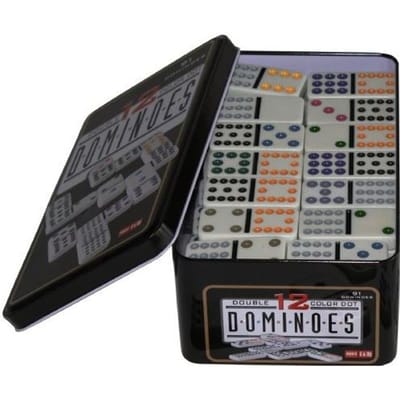 Domino Dubbel 12 – 91 Stenen met Gekleurde Ogen – Compact Blik – Klassiek Spel voor Thuis – Strategisch Familiespel - Engelhart