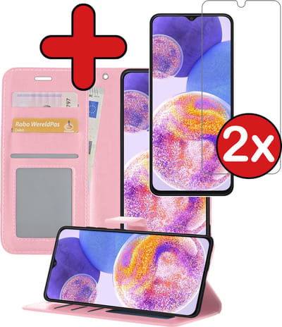 Hoesje - Met 2x Screenprotector - Geschikt voor Samsung Galaxy A23 - Luxe Pasjeshouder - Flip Case - Bookcase Portemonee - Kunstleer Book Case - Flipcase Hoes - Book Cover - Walletcase - Portemonneehoes - Telefoonhoes - Lichtroze