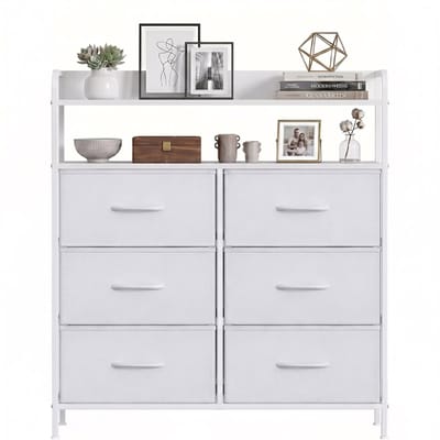 Ladekast Opbergkast Dressoir voor Slaapkamer, Woonkamer & Gang – Kasten & Opbergen – Met 6 PU-Lederen Lades en 2 Open Schappen – Compact, Stabiel & Ruim - Metaal & MDF - Wit - 83x30x97 cm