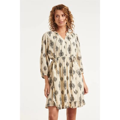 Smashed Lemon Crème jurk met zwarte geometrische print en ceintuur |