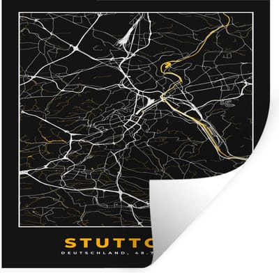 Muurstickers - Sticker Folie - Stuttgart - Goud - Plattegrond - Kaart - Stadskaart - Duitsland - 100x100 cm - Plakfolie - Muurstickers Kinderkamer - Zelfklevend Behang XXL - Zelfklevend behangpapier - Stickerfolie