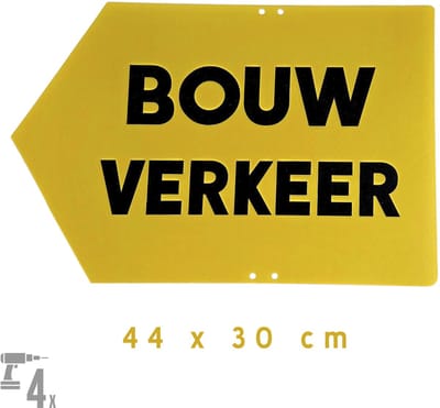 Bord/ aanwijzer | "Bouwverkeer" <-- | 44 x 30 cm | Pijl naar links | Ideaal voor buiten | Met boorgaten | Bouwwerf | Geel | Pijlen | 1 stuk