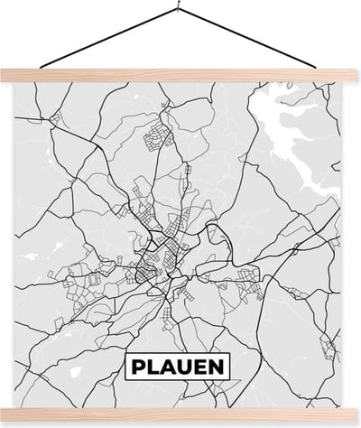 Posterhanger incl. Poster 40x40 cm - Schoolplaat - Kaart - Stadskaart - Duitsland - Plauen - Plattegrond - Textielposter - Blanke latten - Stadskaart