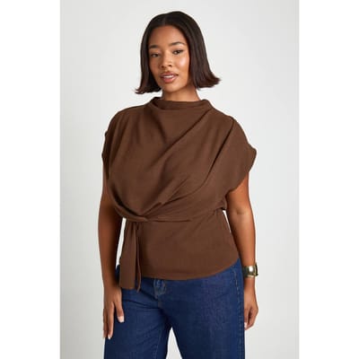 boohoo Dames Plus Knot blouse met vallende kraag | Chocoladebruin | Maat: 44