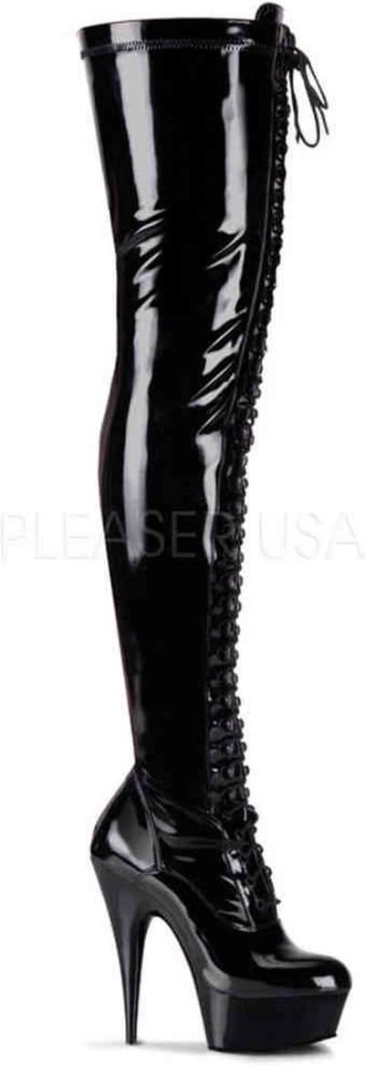 EU 37 = US 7 | DELIGHT-3023 | 6 Heel, 1 3/4 PF Lace-Up Stretch Thigh Boot, Side Zip
