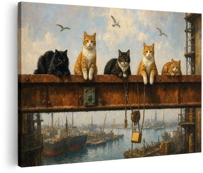 Artaza Canvas Schilderij Katten Boven De Haven - Klassiek Havengezicht - 120x80 cm - Groot - Wanddecoratie Woonkamer - Schilderijen - Muurdecoratie