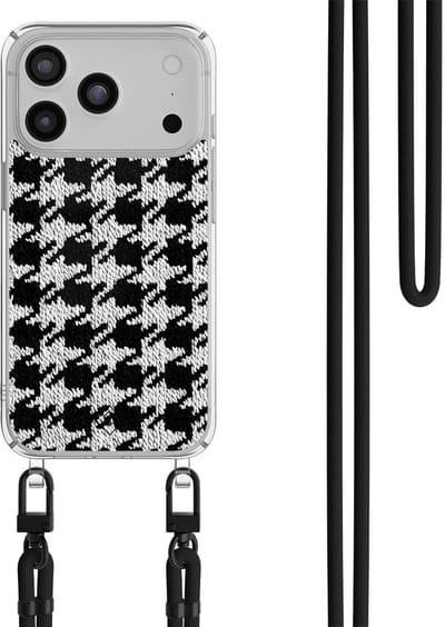 Casimoda® hoesje met zwart koord - Geschikt voor iPhone 17 Pro - Pied De Poule - Afneembaar koord - TPU/polycarbonaat - Zwart
