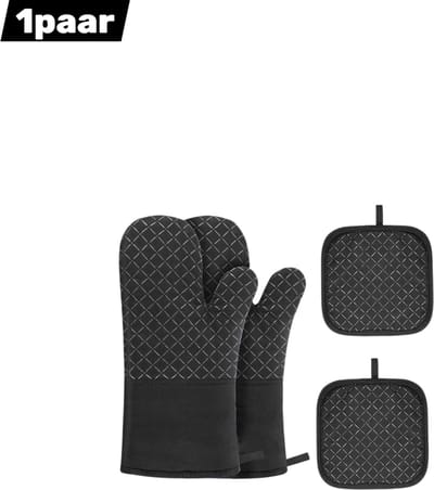 1 paar - ovenwanten - Ovenhandschoenen + 2 matten- Ruitjes Patroon met - Siliconen Grip - 30cm Extra Lange Ontwerp - voor 500°C Hitte - Zwart