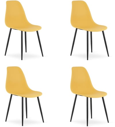 Set van 4 Stoelen WAT – Mosterdgeel, Zwarte Metalen Poten, Kunststof Zitting – Modern en Ergonomisch – Geschikt voor Eetkamer, Woonkamer, Keuken, Thuiswerkplek, Kantine en Wachtruimte – Eenvoudige Montage