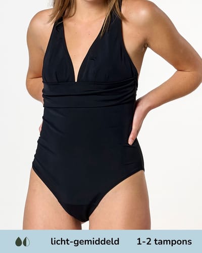 Moodies menstruatie zwemkleding - Badpak- licht-gemiddeld kruisje - Zwart - maat S
