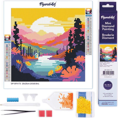 Figured'Art Mini Diamond Painting set Volwassenen 25x25 cm Kleurrijke Zonsondergang bij het Meer - 5D DIY Art full drill ronde diamant - Opgerold canvas
