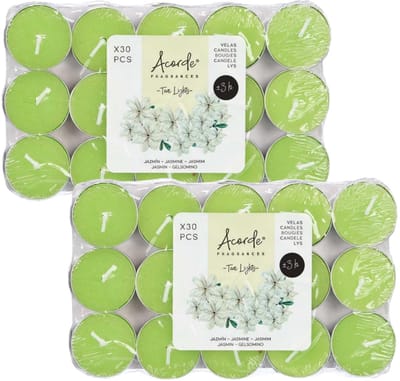 Acorde theelichtjes - jasmijn geur - 60x - groen - waxinelichtjes/geurkaarsen - 3 branduren