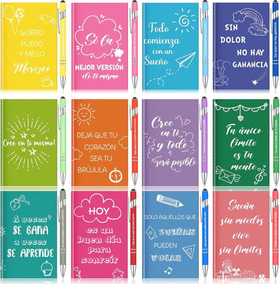 12 Mini Notitieblokken en 12 2-in-1 Pennen met Motiverende Spaanse Spreuken, Perfect Cadeau voor Collega's, Leraren en Kantoorgebruik