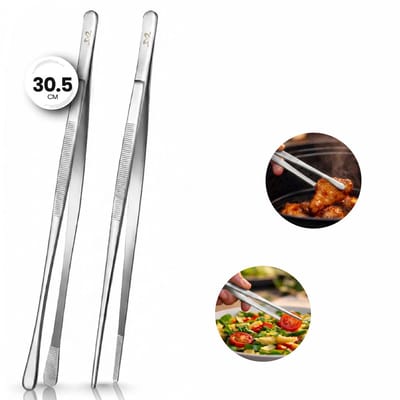 Keukenpincet / Kookpincet RVS Set 2 Stuks – 30,5 cm – Pointed & Round – Vleestang & Keukentang voor BBQ en Dagelijks Gebruik - Zilver