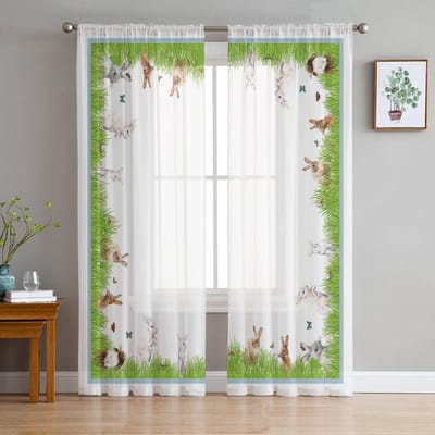 Paasweide Konijn Vlinder Tule Gordijnen Voor Woonkamer Huisdecoratie Raamgordijn Keuken Transparant Voile Gordijn 135W x 114H(cm) white