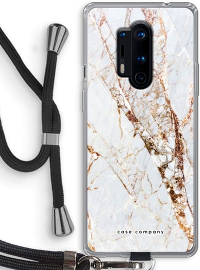 Case Company® - Hoesje met koord geschikt voor OnePlus 8 Pro hoesje met Koord - Goud marmer - Telefoonhoesje met Zwart Koord - Bescherming aan alle Kanten en Over de Schermrand