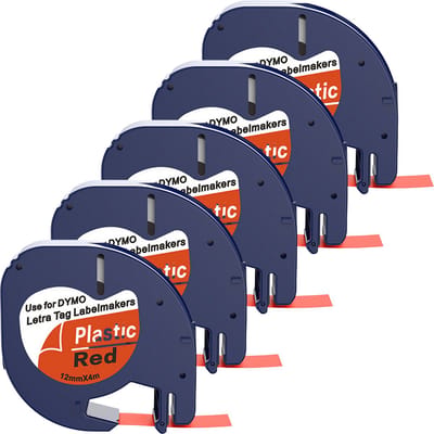 Boxstuff - Dymo LetraTag 91203 - S0721630 - Label Tape - Zwart op Rood plastic - 12 mm x 4 m - 5 Stuks