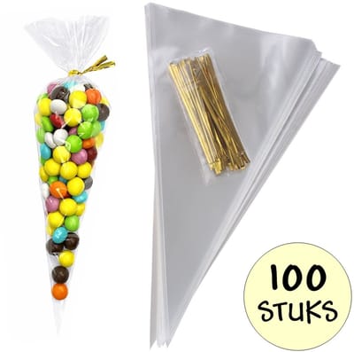 100x Cellofaan Puntzakken 25x13 cm - 100 Stuks Puntzak Doorzichtig - Traktatie Zak - Uitdeelzak - Snoepzak - Inclusief Sluitstrips Goud - 13x25 cm - 100 Stuks