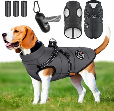Hondenjas met Harnas - Hondenwintervest - Bescherming tegen Weer - Inclusief Poepzakjes Dispenser - Maat 5XL - Antraciet