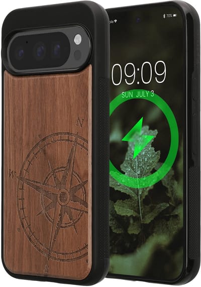 kwmobile Echt Houten Beschermhoes voor Google Pixel 9 / Pixel 9 Pro – Hout & TPU Cover – hout Vintage Kompas design