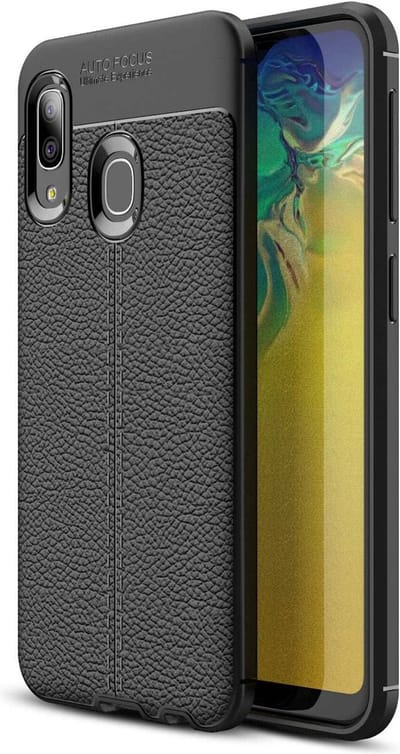 Cadorabo Hoesje geschikt voor Samsung Galaxy A10e / A20e in Diep Zwart - Beschermhoes gemaakt van TPU siliconen met edel kunstleder applicatie Case Cover Etui
