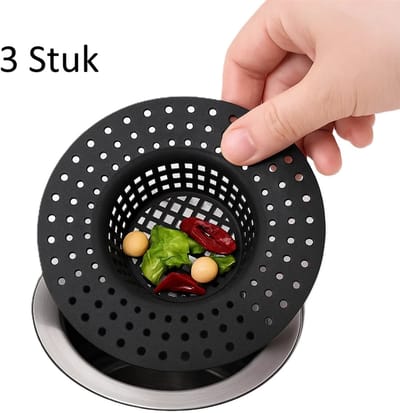 3 stuks Zwarte Siliconen Gootsteenzeef – Afvoerfilter voor Keukengootsteen – 9,8 × 1,5 cm – Anti-Verstopping – Vaatwasmachinebestendig