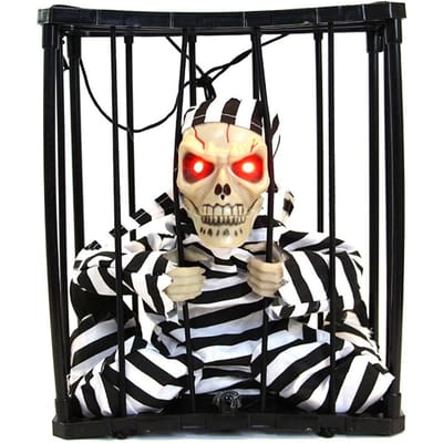 Halloween Eng Schreeuwend Geanimeerd Skelet Kooi Gevangene met Oplichtende Ogen Spookhuis Requisieten Average code
