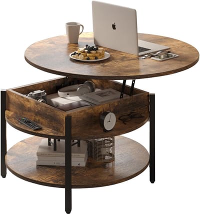 Ronde salontafel met lift en opbergruimte - 68cm boerderij stijl