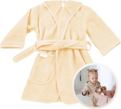 Funnies Badjas Cream 1-2 Jaar Baby Badjas, Badjas Kinderen, Peuterbadjas - 100% Katoenen Badstof - Zacht en Absorberend - Perfect na Zwemmen, Douchen of Badderen - Ideaal als Cadeau voor Baby’s en Kinderen