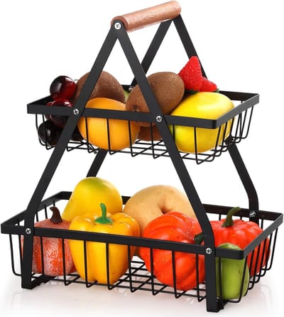 iBright Grote Fruitmand 2 Laags - Fruitschaal - Etagére voor Keuken - Opbergmand - Draadmand - Metaal - Zwart