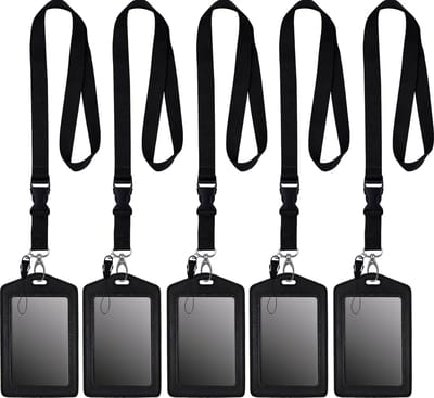 5 Stuks Afneembaar Lanyard Sleutelhangers met 5 Leer Badgehouders - Zwart Nekkoord - Keycord Pashouder - Kaarthouder met Keykoord - Badge Houder voor Kaart/Sleutels - Telefoon/GSM Koord - Sleutelkoord - Universeel ID Pashouder - Telefoonkoord
