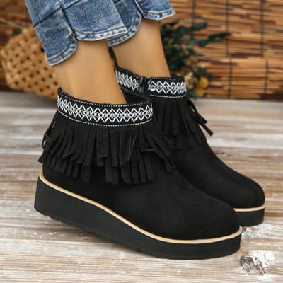 Etnische Winter Vintage Laarzen Dames PU Schoenen Gesp Kwasten Laarzen Etnische Korte Laarzen 35