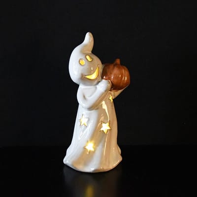 Spookje met pompoen wit-oranje porselein met LED 20 cm hoog - Halloween - Griezel - Herfstcollectie - Herfstdecoratie - interieurdecoratie - accessoire - voor binnen - gift - geschenk - cadeau verjaardag