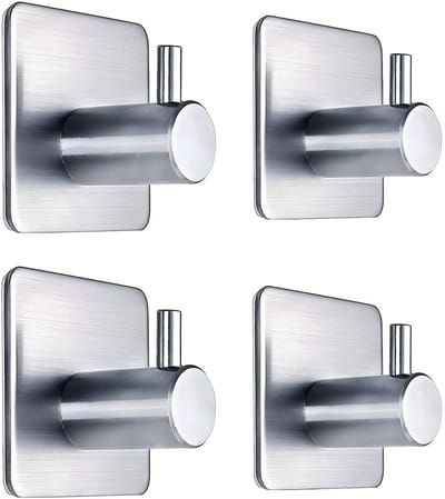 PolkaHome® 4 stuks Roestvrij Staal Zelfklevende Haakjes Extra Sterk - Haken, Handdoek, Theedoek Badkamer Keuken - Zonder Boren, Keukenhaken, Kledinghaken, Waterdicht & Verwijderbaar - Klevende Haak, Plakhaakjes, Klevende Spijker (Silver)