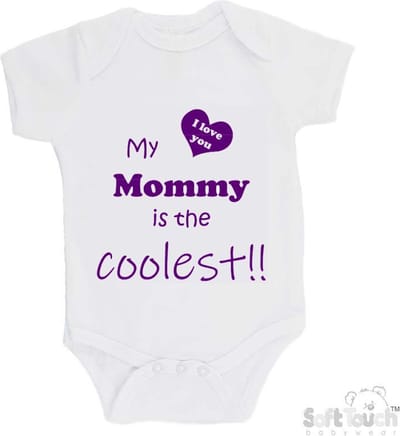 100% katoenen Romper "My mommy is the coolest!! / I love you" Moeder Moederdag Mama Meisjes Katoen Wit/paars Maat 62/68