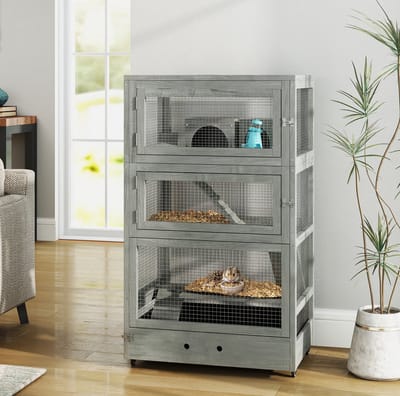HAUSS SPOLE Kooi - 65 x 45 x 109 cm - 4 Niveaus Met Wielen - Hout - Grijs - Voor Hamsters En Gerbils - Met Diepe Bak En Accessoires