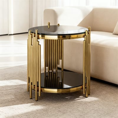 Bijzettafel - Rond - Luxe Glazen Tafel - Stabiel & Robuust - Gehard Glas & Rvs - Zwart/Goud