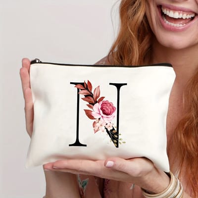 Gepersonaliseerde make-up tasjes van A tot Z - Verjaardagscadeaus - Unieke cadeaus voor bruiden en bruidsmeisjes, met bloemenmotieven, geschikt als bedankjes en voor het organiseren van cosmetica,letter N