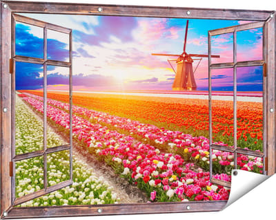 Gards Tuinposter Doorkijk Kleurrijke Bloemenveld met een Windmolen - 120x80 cm - Tuindoek - Tuindecoratie - Wanddecoratie buiten - Tuinschilderij