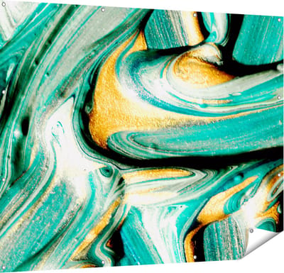 Gards Tuinposter Abstracte Kunst - Groen met Gouden Verf - 150x120 cm - Tuindoek - Tuindecoratie - Wanddecoratie buiten - Tuinschilderij