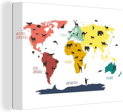 Canvas Wereldkaart - 120x90 - Wanddecoratie Wereldkaart kinderen - Dieren - Kleuren