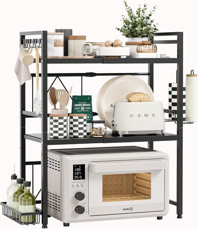 Uitbreidbaar Magnetronrek met 3 Niveaus, Keuken Organizer met Handdoekhouder en Specerijenrek, Zwart, Verstelbaar van 40-60 cm voor Efficiënte Keukenopslag