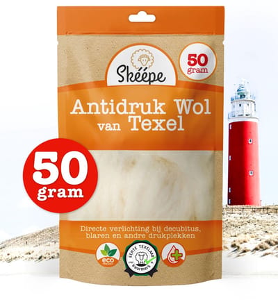 Skéépe - Anti-Druk Wol – 50 gr. – Texelse schapenwol voor comfort bij drukplekken en langdurig zitten of liggen. Wol verlicht, verzacht en beschermt bij druk op de huid