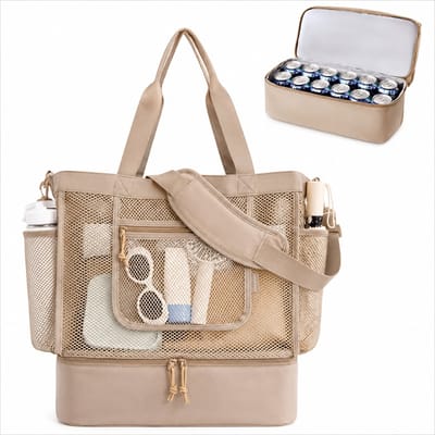 Strandtas voor dames – Mesh totebag met ritssluiting – Zandbestendige vakantie-essentie met koelvak – Ideaal voor zwemmen, cruises en het zwembad - Khaki