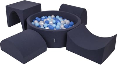 KiddyMoon schuimspeelplaats met rond ballenbad (200 ballen) ballenbakken voor baby's speelbad hindernisbanen, made in the eu, donkerblauw:babyblue/blue/pearl