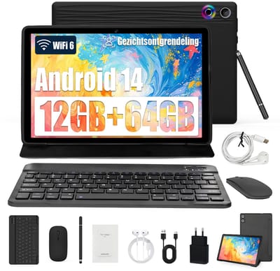 Kindertablet - Android 14 Tablet - 12GB(3+9) RAM - 64GB ROM - Snelle 10.1 Inch Kindertablet - Kinder Tablet - Met Toetsenbord, Muis, Oordopjes Pen & Bescherming