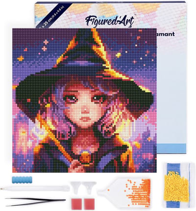 Figured'Art Mini Diamond Painting set Volwassenen 25x25 cm met lijst Betoverend Klein Heksje - 5D DIY Art full drill ronde diamant - Canvas al ingelijst