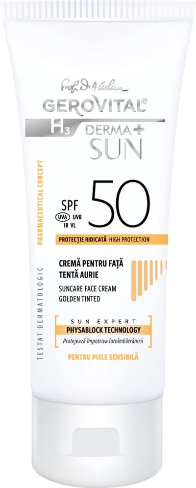 Gerovital SPF 50 Getinte Gezichtscrème – Gouden Tint – Zonnebrand Gezicht – Anti-Aging – Gevoelige Huid – 50 ml