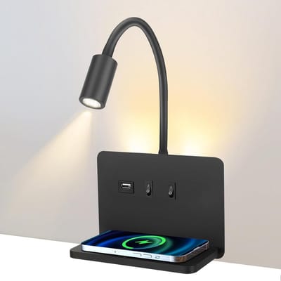 Wandlamp met Leeslamp en Draadloze Oplader voor in de Slaapkamer - Zwart/Wit