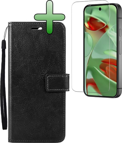 Hoesje Met Screenprotector - Geschikt voor Google Pixel 10 - Luxe Pasjeshouder - Bookcase Portemonee - Flip Case - Kunstleer Book Case - Flipcase - Book Cover - Walletcase - Portemonneehoes - Zwart